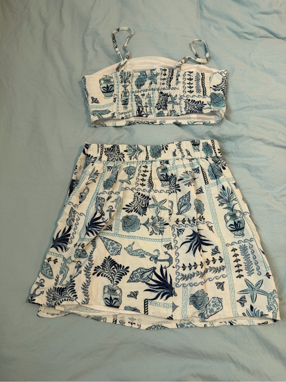 Women’s White & Blue Printed Two-Piece Crop Top and Skirt Set